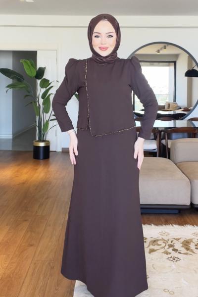 DİLEK TESETTÜR ABİYE ELBİSE Kahve