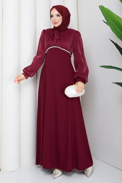 YENİ NEVİN TESETTÜR ABİYE ELBİSE Bordo