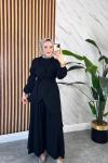 ASİMETRİK KESİM KUŞAKLI TUNİK PANTOLON TESETTÜR MANOLYA TAKIM  Siyah