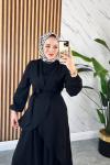 ASİMETRİK KESİM KUŞAKLI TUNİK PANTOLON TESETTÜR MANOLYA TAKIM  Siyah