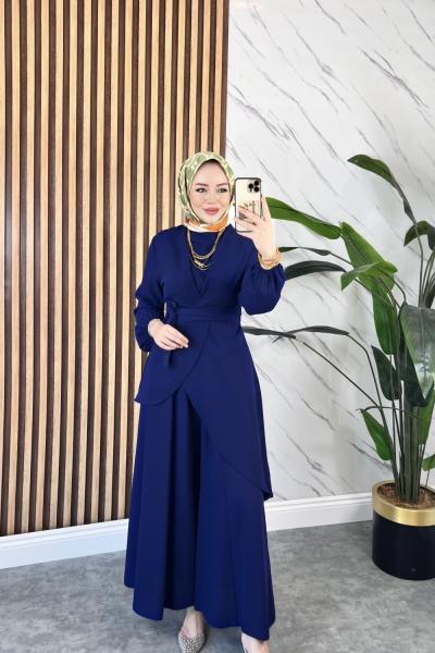 MANOLYA ASİMETRİK KESİM TESETTÜR TAKIM  Lacivert