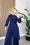 ASİMETRİK KESİM KUŞAKLI TUNİK PANTOLON TESETTÜR MANOLYA TAKIM  Lacivert