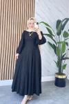 BELİ İPLİ KENDİNDEN BASKI DETAYLI TESETTÜR UZUN ELBİSE SELVİ Siyah