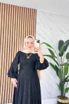 BELİ İPLİ KENDİNDEN BASKI DETAYLI TESETTÜR UZUN ELBİSE SELVİ Siyah