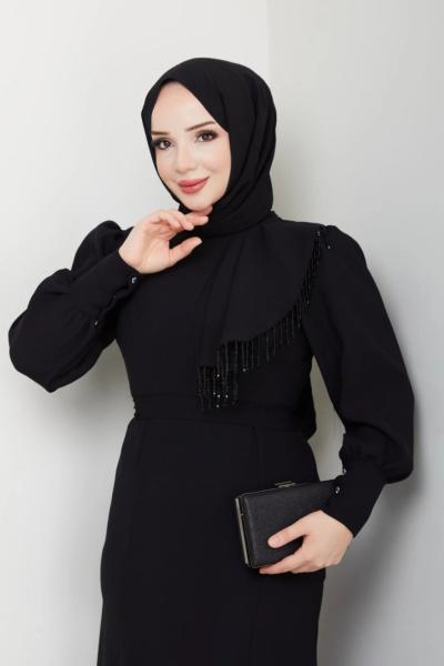 BENAN VOLANLI TESETTÜR ABİYE ELBİSE  Siyah