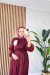 BROŞ DETAYLI ASTARLI İMRE MODEL KADIN TESETTÜR ABİYE ELBİSE  Bordo