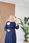 BROŞ DETAYLI ASTARLI İMRE MODEL KADIN TESETTÜR ABİYE ELBİSE  Lacivert
