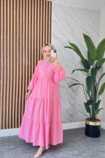 GÜLŞEN DÜĞMELİ KETEN TESETTÜR ELBİSE TozPembe