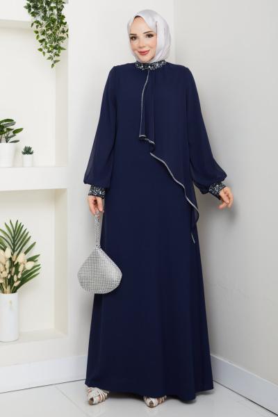 İPEK TESETTÜR ABİYE ELBİSE  Lacivert