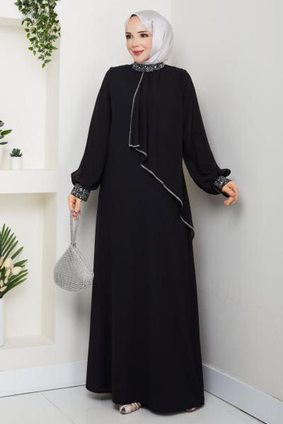 İPEK TESETTÜR ABİYE ELBİSE  Siyah