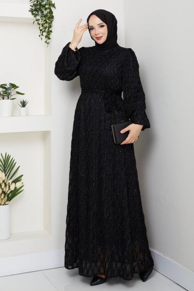 LEYLA TESETTÜR ELBİSE Siyah