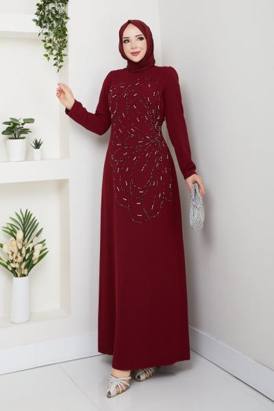 NURSEMA TESETTÜR ABİYE ELBİSE Bordo