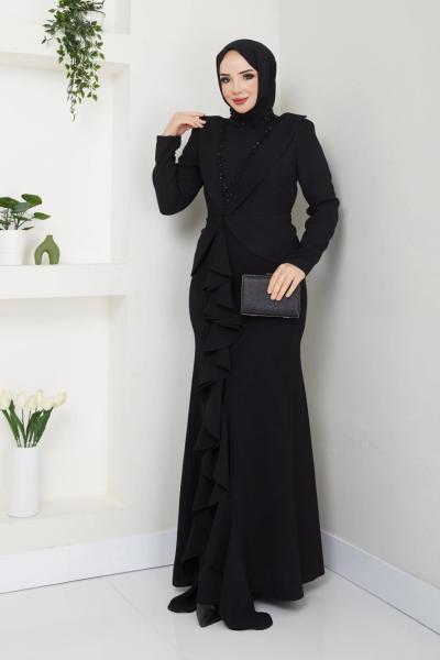 MARAL FIRFIRLI TESETTÜR ABİYE ELBİSE   Siyah