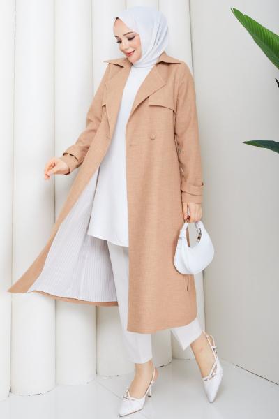 BUĞLEM ASTARI ÇİZGİLİ TRENÇKOT  Camel