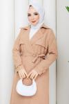 BUĞLEM ASTARI ÇİZGİLİ TRENÇKOT  Camel