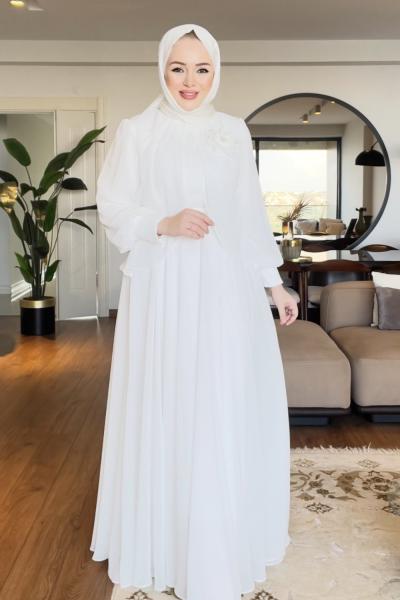 YASEMİN TESETTÜR ABİYE ELBİSE  Beyaz