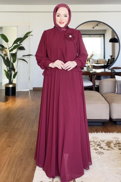 YASEMİN TESETTÜR ABİYE ELBİSE  Bordo