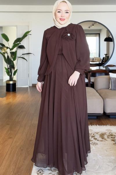YASEMİN TESETTÜR ABİYE ELBİSE  Kahve