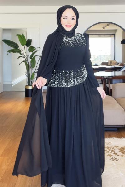NERGİS TESETTÜR ABİYE ELBİSE Siyah